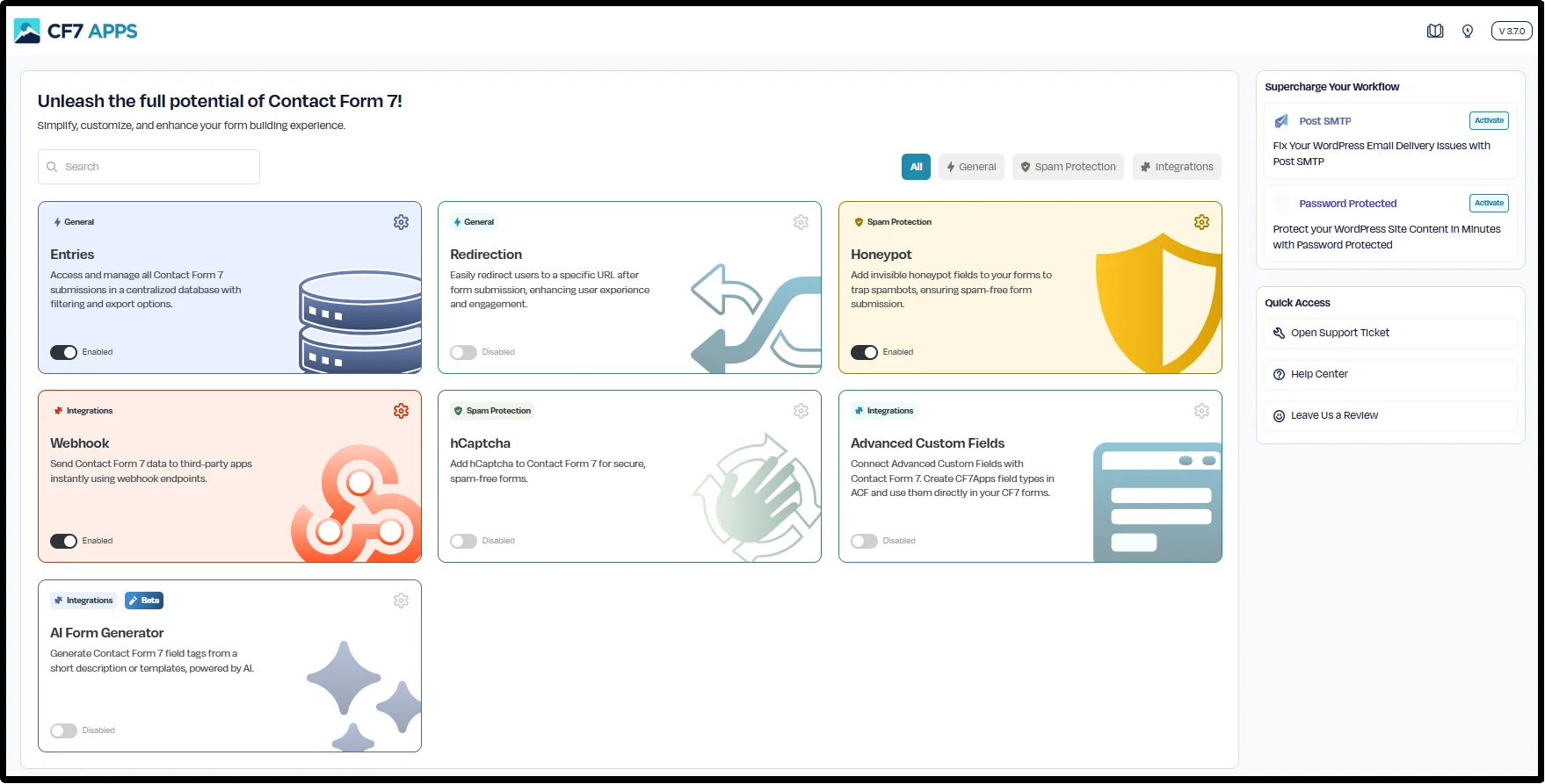 Redesigned CF7 Apps dashboard and settings interface with a modern, streamlined layout