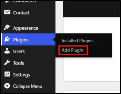WordPress menu with Plugins → Add Plugin