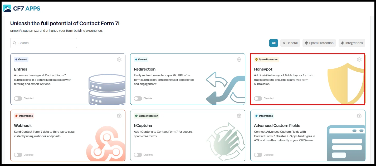Honeypot toggle switched on in CF7 Apps