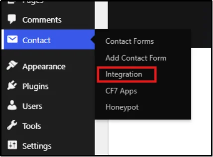 WordPress menu with Contact → Integration