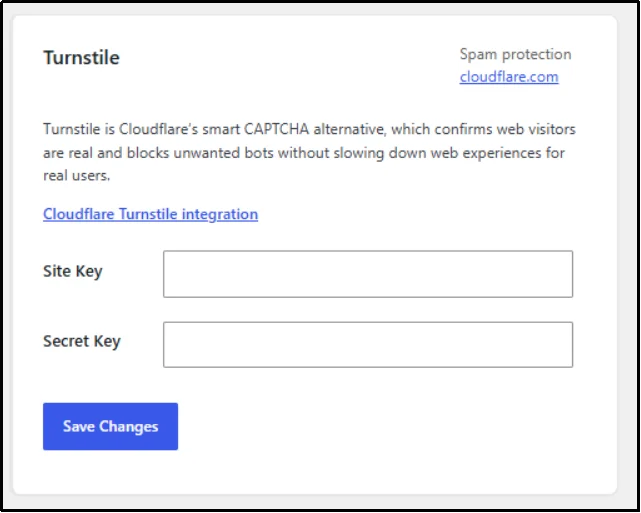 Turnstile Site Key and Secret Key fields