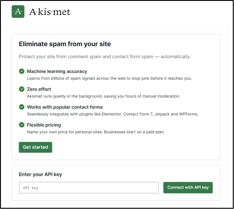 Akismet API key setup screen
