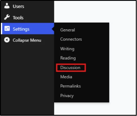 WordPress menu with Settings → Discussion