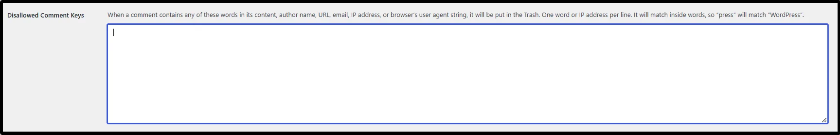 Disallowed Comment Keys field in WordPress