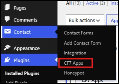 WordPress menu with Contact expanded